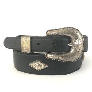 RESISTOL Genuine Leather Western Belt Silver Tone Buckle Sz 38 Black Signed 95